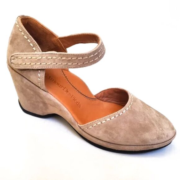 L'Amour Des Pieds Orva Wedge Mary Jane 7.5 Taupe Tan Suede - Picture 1 of 7